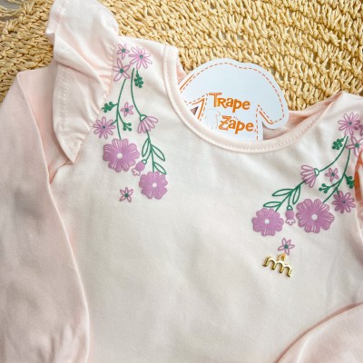 Conj. Blusa Manga Longa Florzinhas Laterais e Short - Rosa e Verde